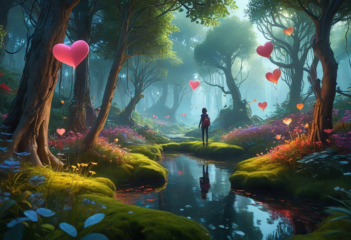 A captivating digital landscape showcasing a serene virtual reality environment, featuring a whimsical forest with glowing flora and playful creatures. In the foreground, a diverse group of individuals, wearing VR headsets, explore this enchanting world with a sense of wonder and safety. Ethereal light beams illuminating their paths, highlighting the concept of safe exploration in erotic digital themes. Fantasy elements like floating hearts and abstract shapes enhance the visual allure. super-realistic. vibrant colors. 3D.