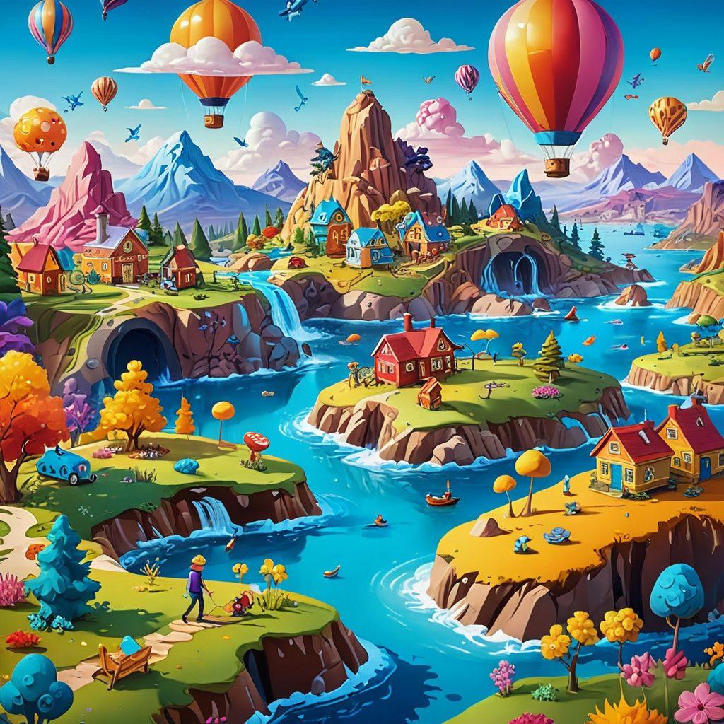 A whimsical and colorful digital landscape showcasing elements of adult animation and interactive gaming. Include playful characters in a safe, inviting environment, with interactive elements like buttons or touchpoints represented in a cartoonish style. The scene should convey a sense of fun and exploration while emphasizing themes of safety and community. Bright, saturated colors with a touch of surrealism. vibrant colors. digital art.
